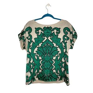 Alfani Damask Print Green & Beige Boxy Fit Short Sleeve Blouse